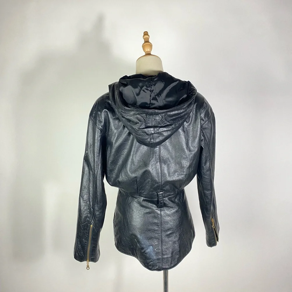 VINTAGE WILSONS Womens 90s Leather Hooded Moto Jacket Gold Tone Hardware XS - Picture 4 of 12